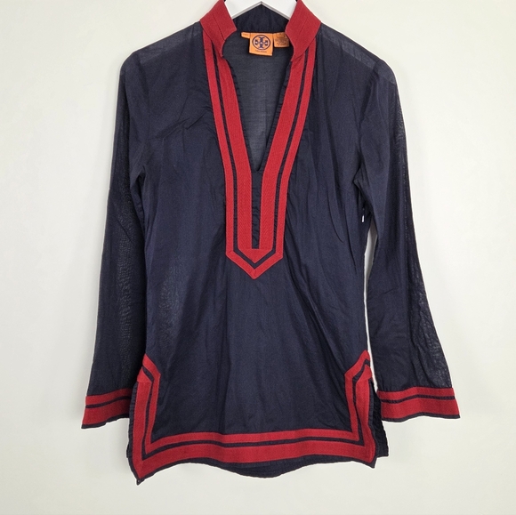 Tory Burch Tops - Tory Burch Long Sleeve Navy and Red V-Neck Cotton Side Zip Tunic Blouse Top 4